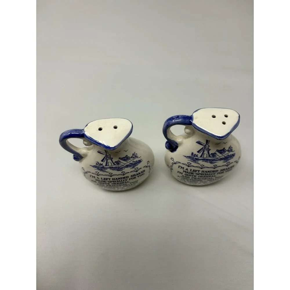 Blue White Left Handed South Paw Salt & Pepper Shakers Boats Vintage Japan